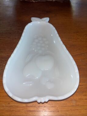Vintage Hazel Atlas pear shaped milk glass raised fruit & floral design dish